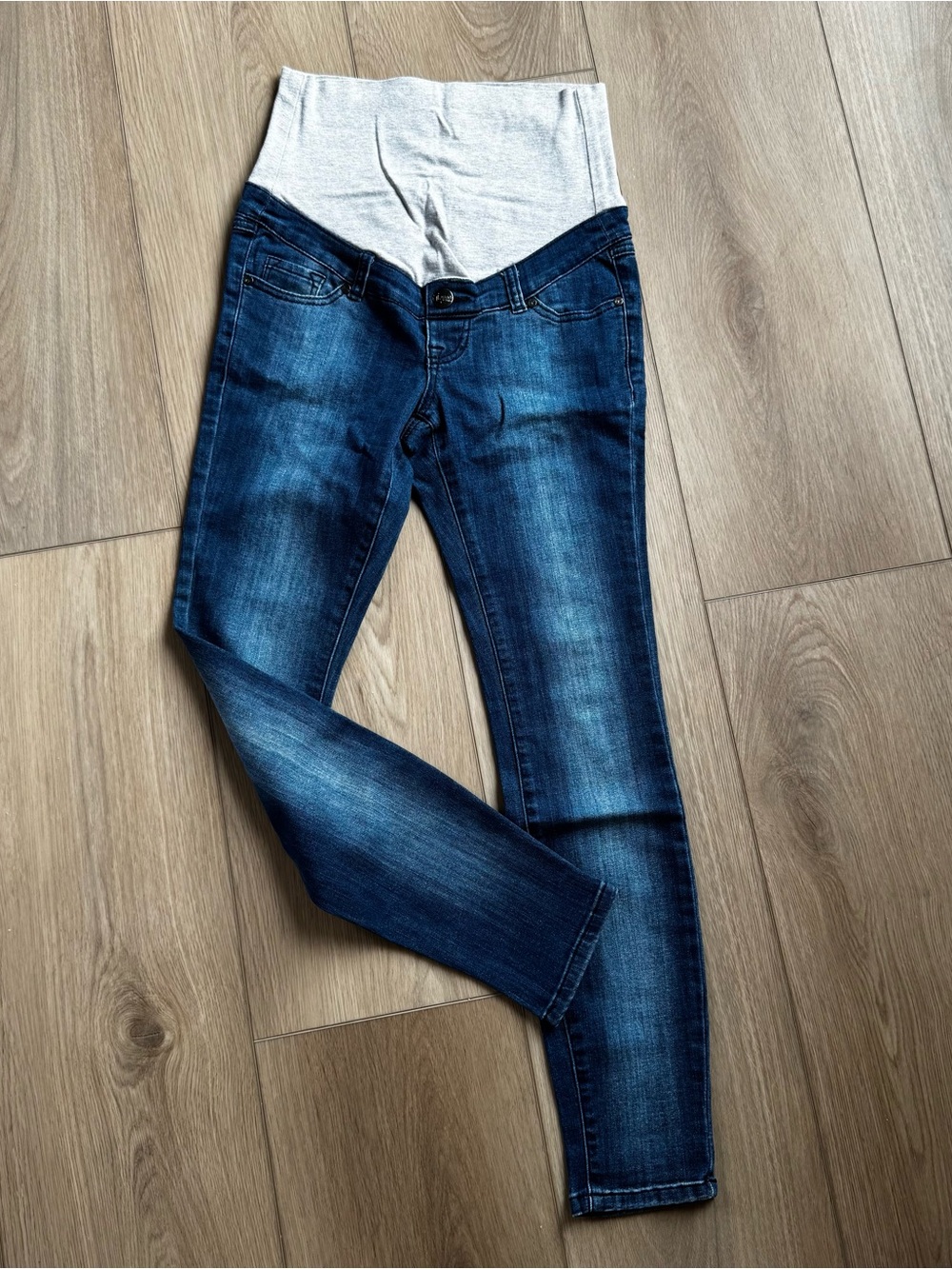Thyme Maternity Dark Blue Jeggings with Light Gray Waist Panel